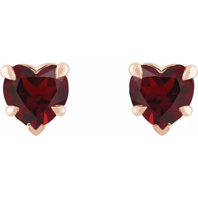 Rose gold stud earrings with red Mozambique Garnet heart-shaped gemstones