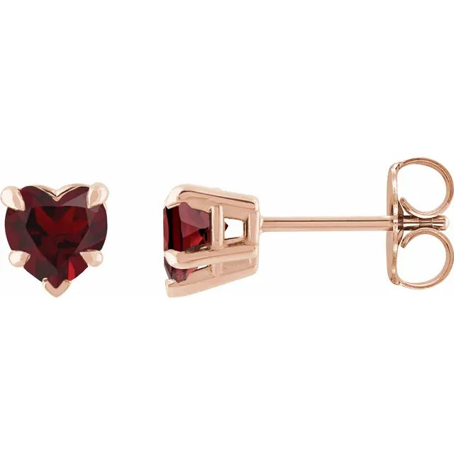 Rose gold stud earrings with red Mozambique Garnet heart-shaped gemstones