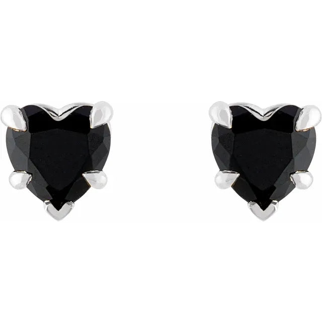 White gold stud earrings with black Onyx heart-shaped gemstones