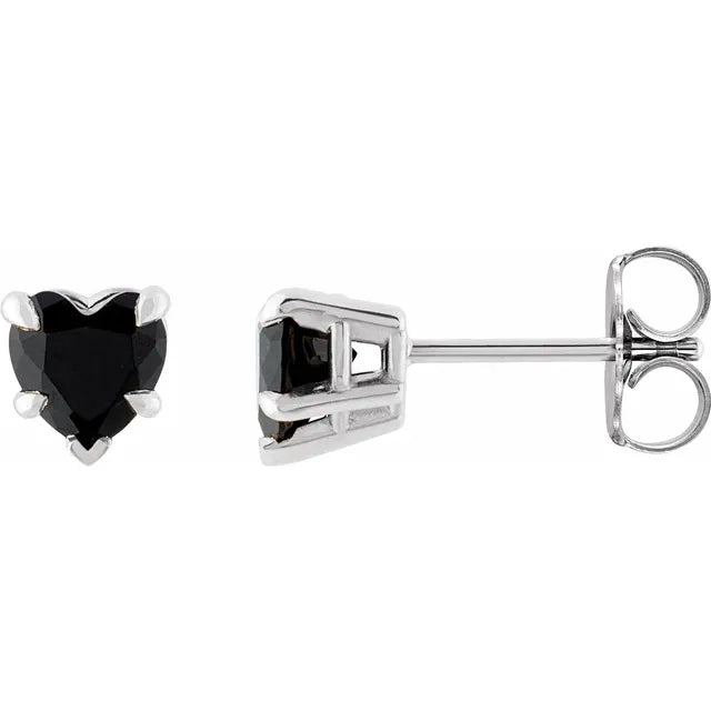 White gold stud earrings with black Onyx heart-shaped gemstones