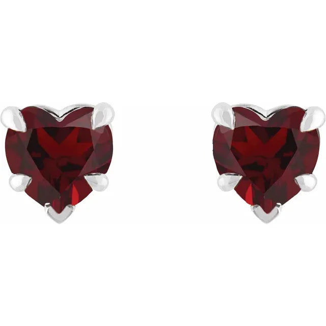 White gold stud earrings with red Mozambique Garnet heart-shaped gemstones