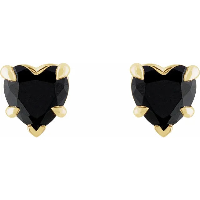 Yellow gold stud earrings with black Onyx heart-shaped gemstones