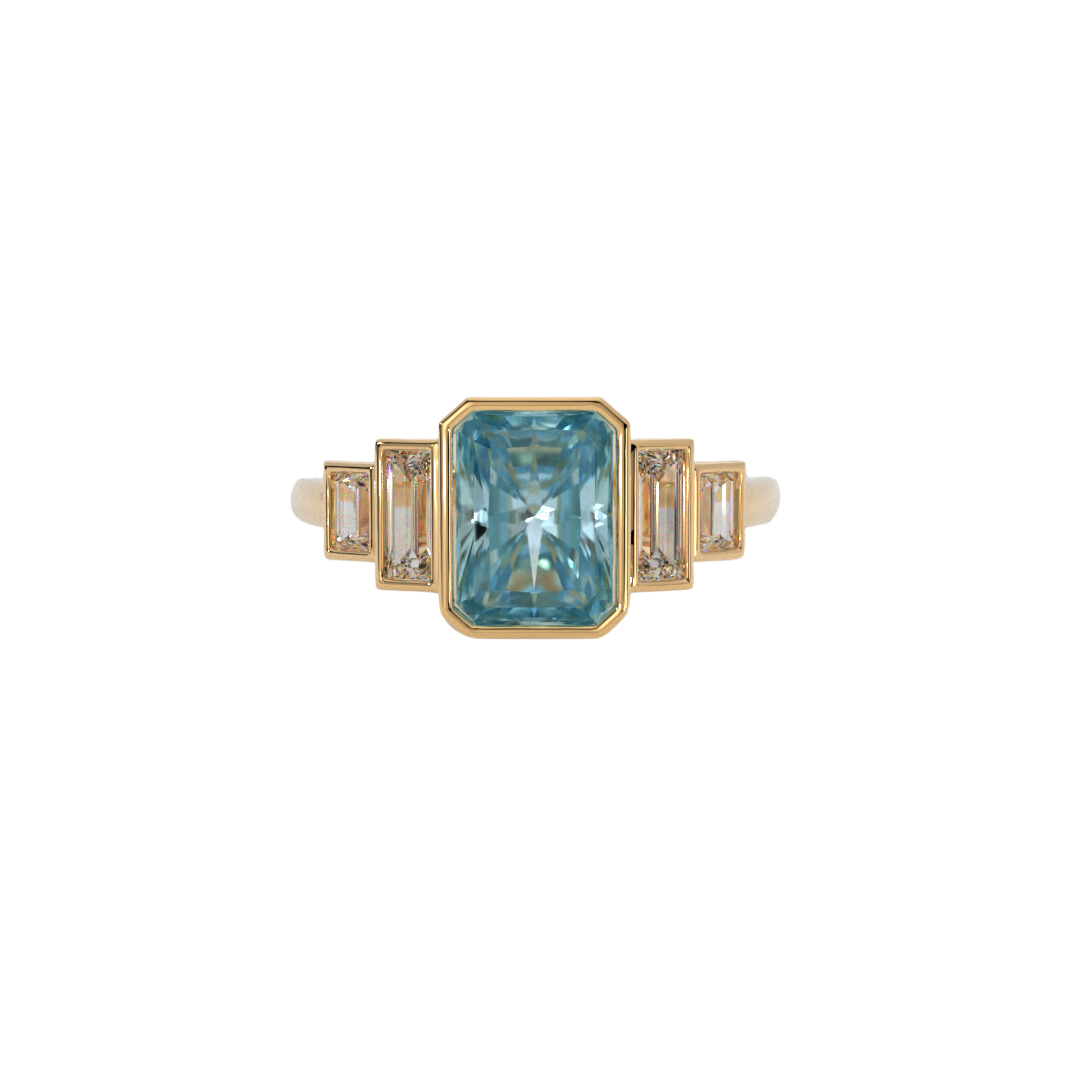 Lustre Ring in 14k yellow gold featuring a radiant cut gemstone and baguette accents, bezel set in a sleek and polished design