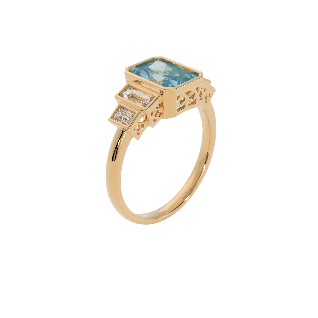 Lustre Ring in 14k yellow gold featuring a radiant cut gemstone and baguette accents, bezel set in a sleek and polished design