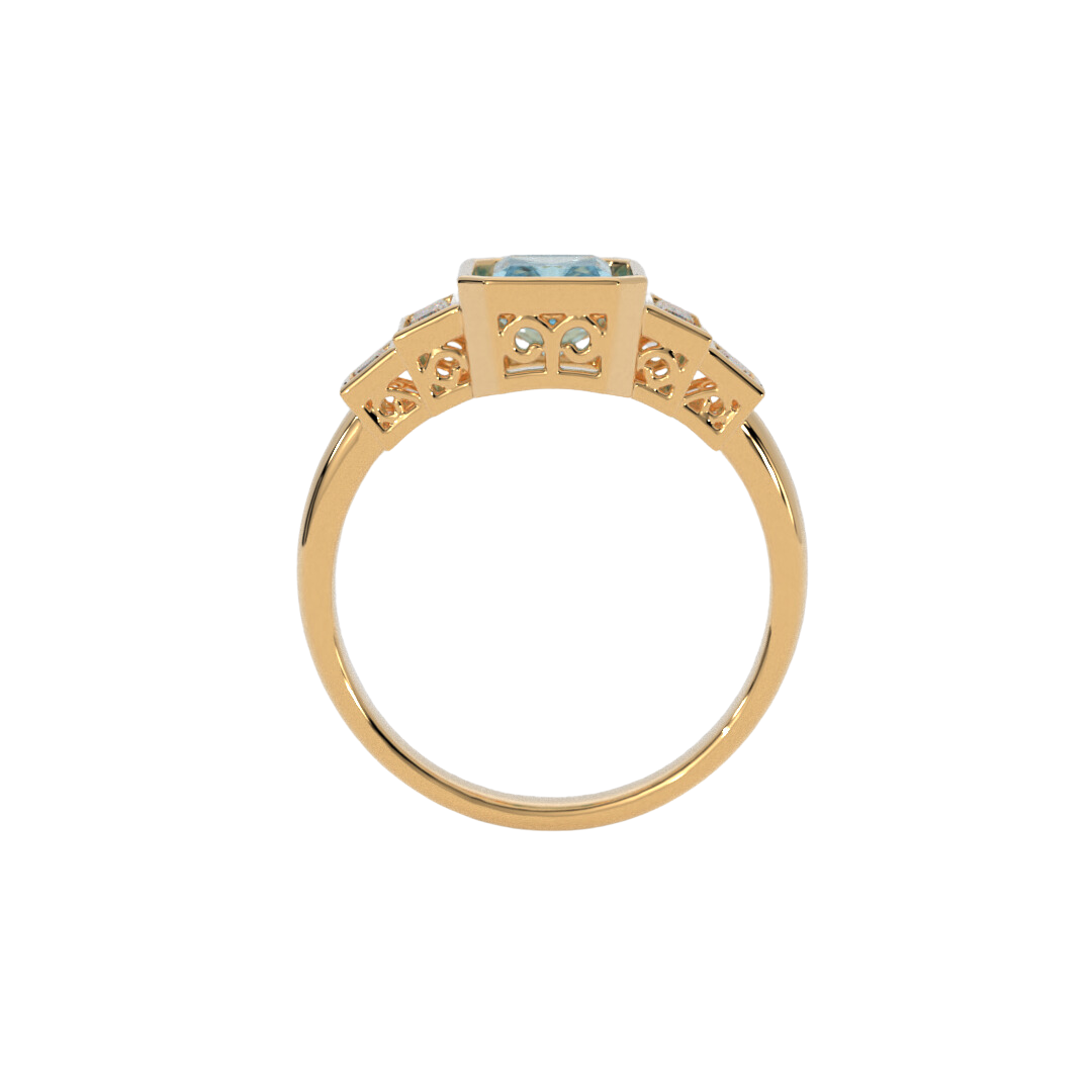 Lustre Ring in 14k yellow gold featuring a radiant cut gemstone and baguette accents, bezel set in a sleek and polished design