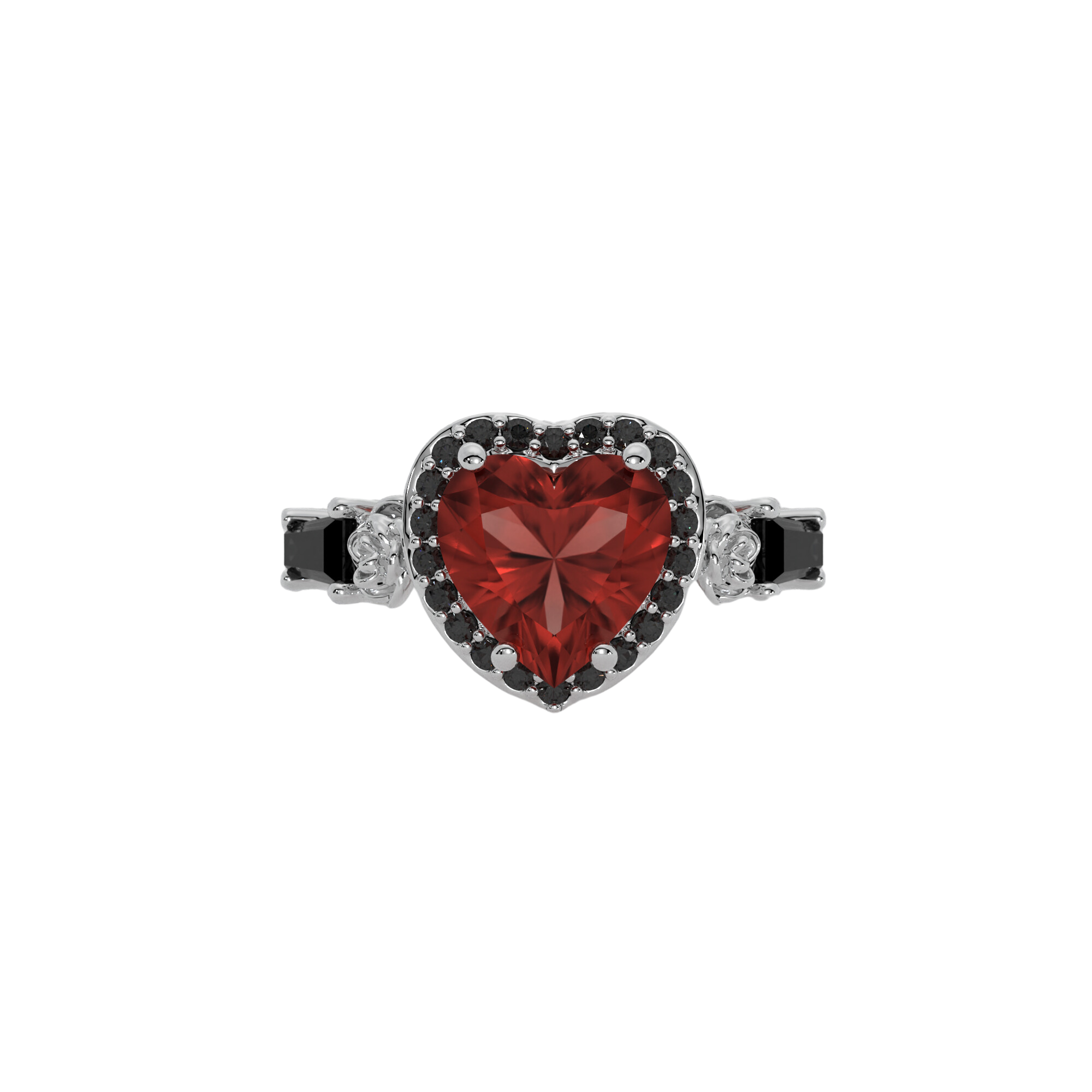 Masquerade Ring in 14k white gold with heart-shaped gemstone, black stone halo, and coffin-cut accents