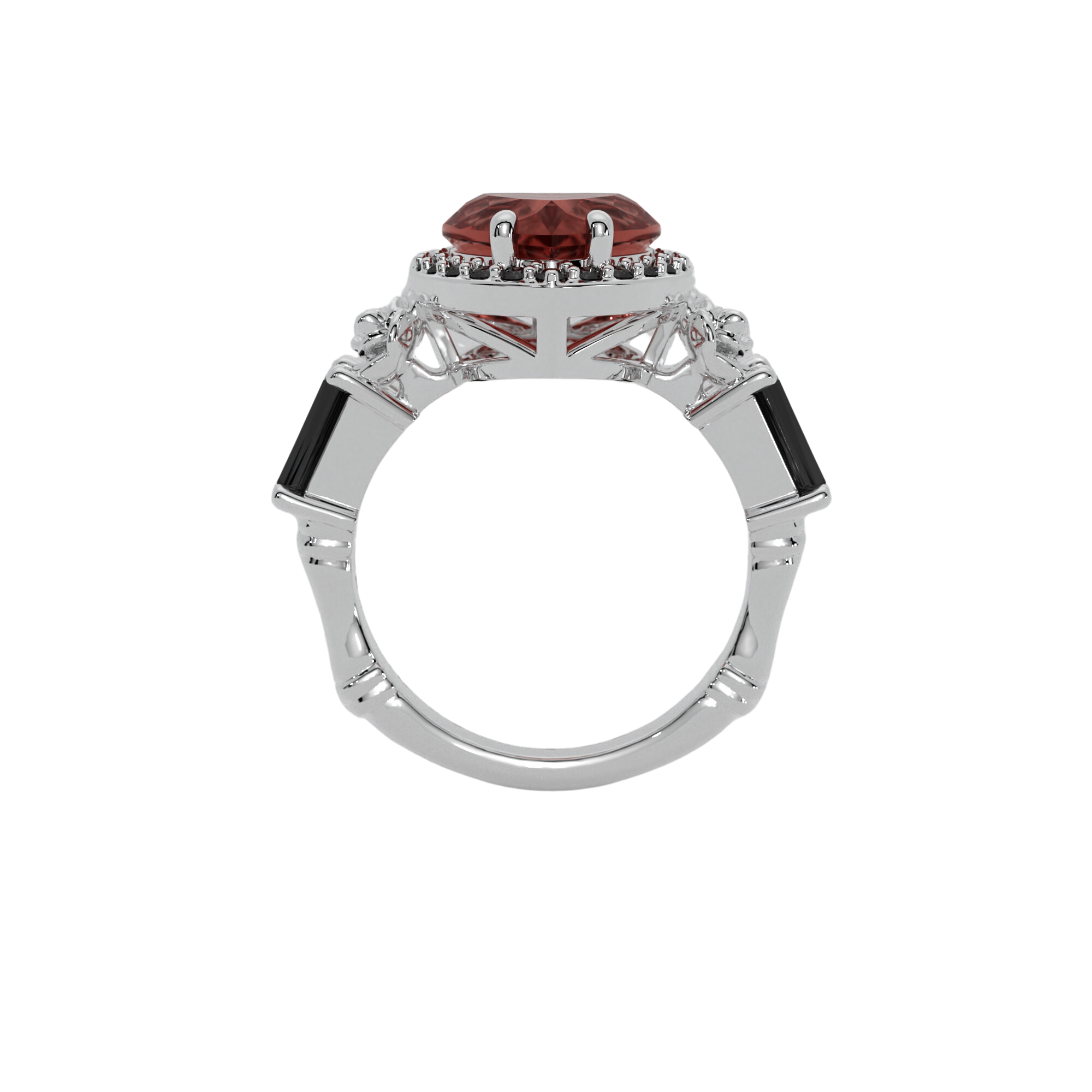 Masquerade Ring in 14k white gold with heart-shaped gemstone, black stone halo, and coffin-cut accents