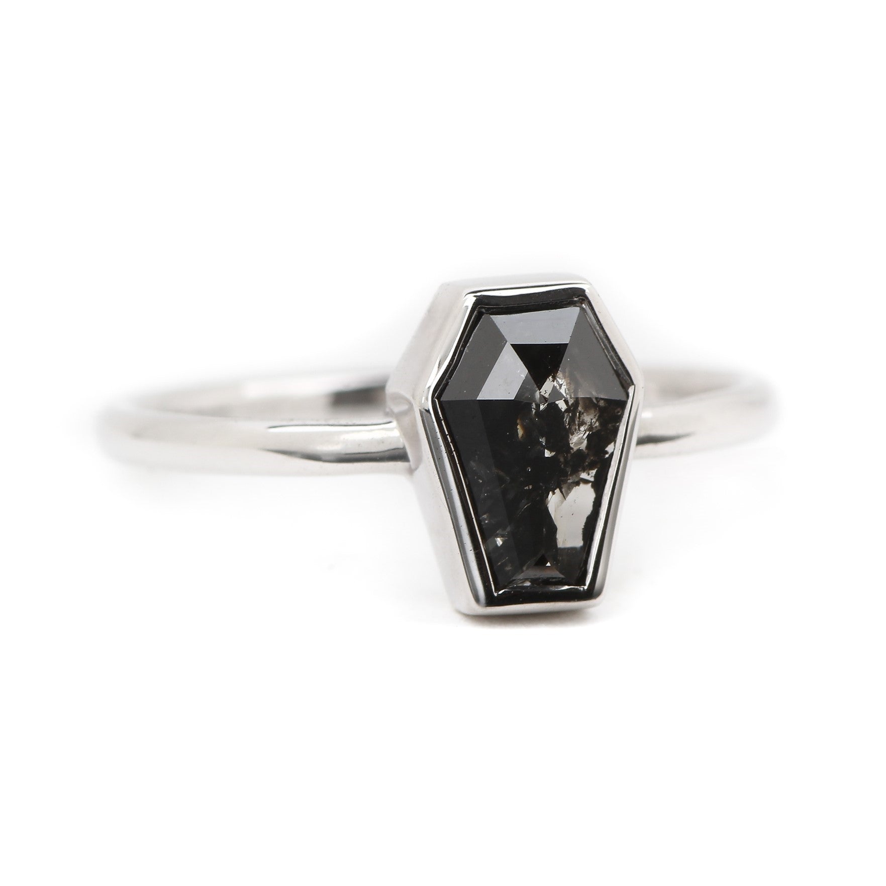 Memento Ring in 14k white gold with coffin-cut black diamond, gothic engagement ring