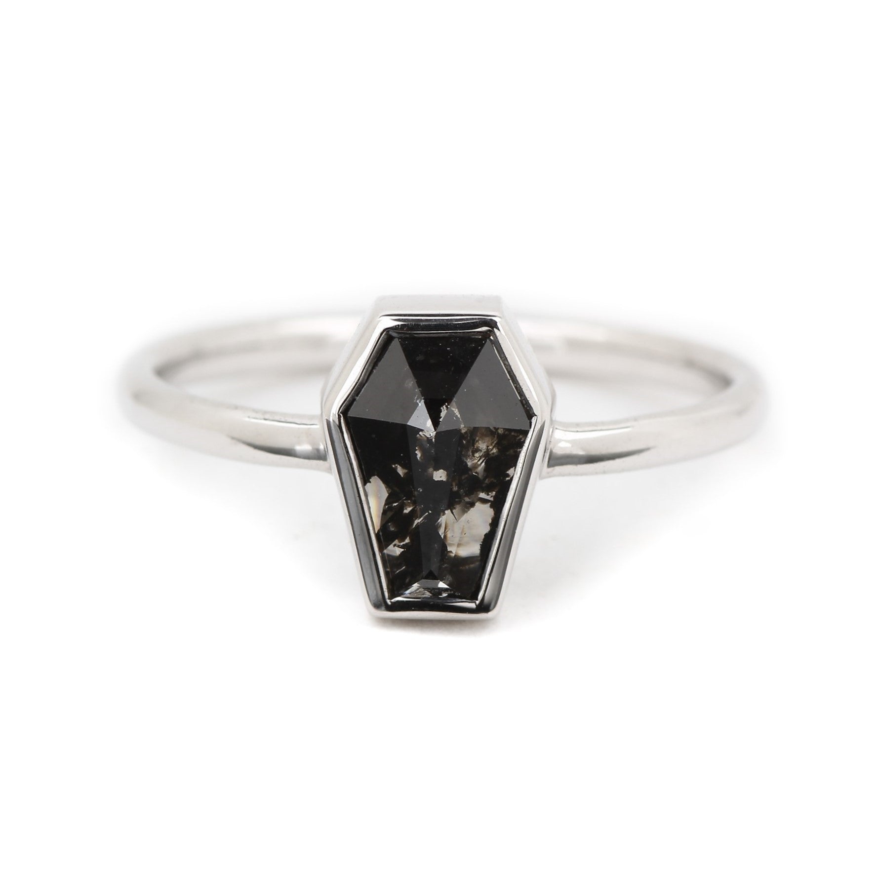 Memento Ring in 14k white gold with coffin-cut black diamond, gothic engagement ring