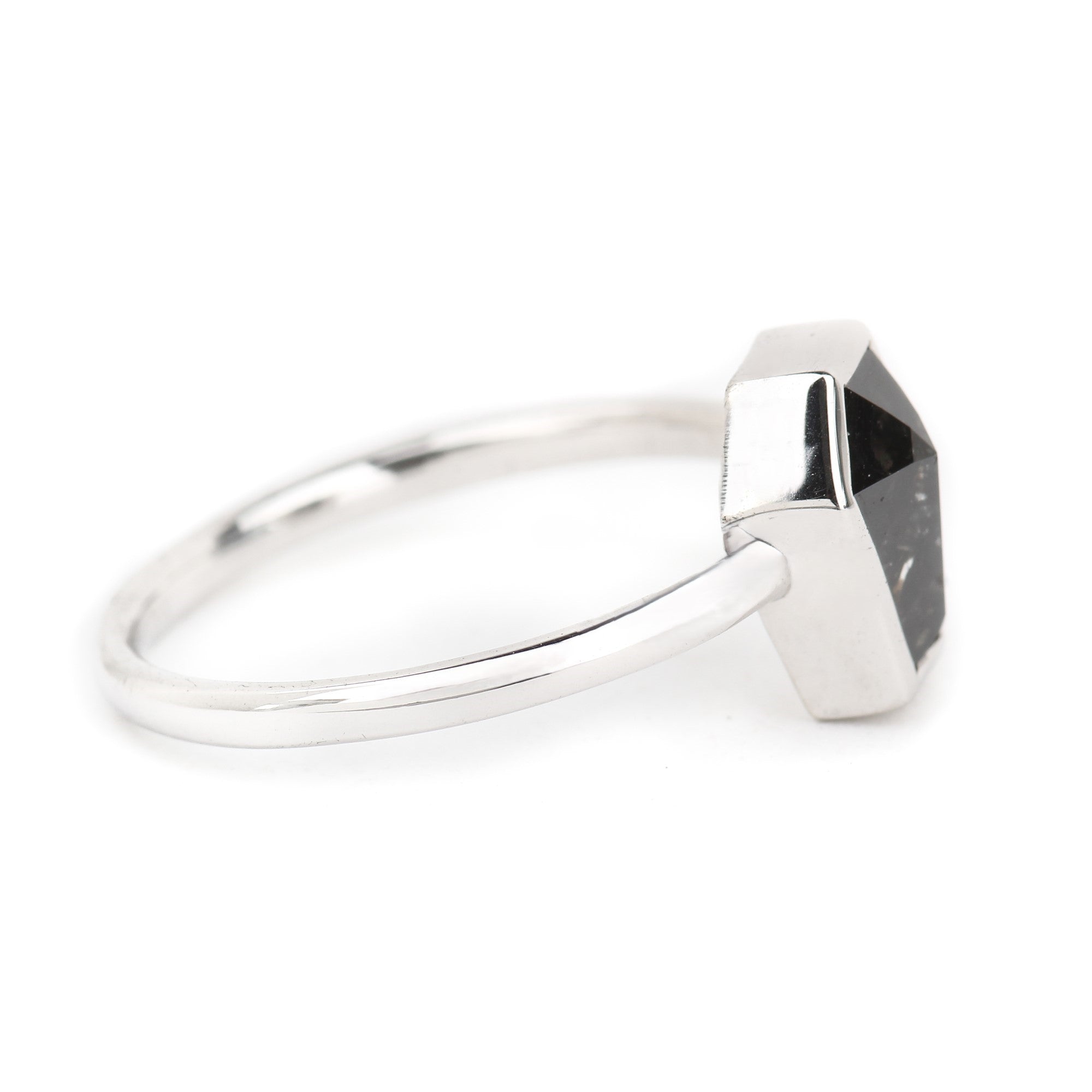 Memento Ring in 14k white gold with coffin-cut black diamond, gothic engagement ring