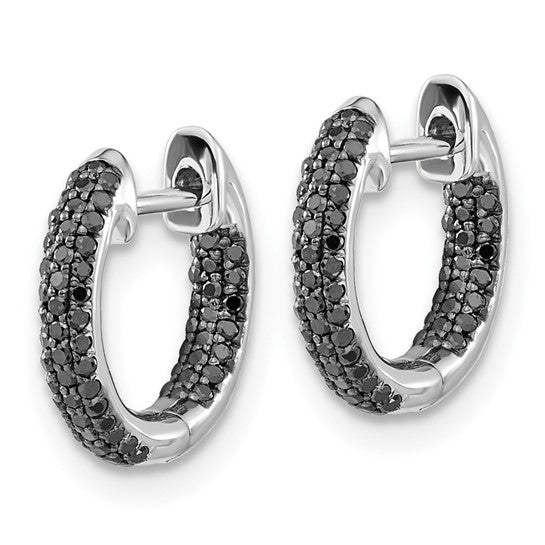 10k white gold hoop earrings with three rows of pavé set black diamonds, 13mm size