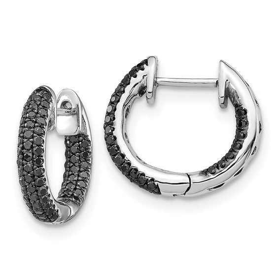 10k white gold hoop earrings with three rows of pavé set black diamonds, 13mm size