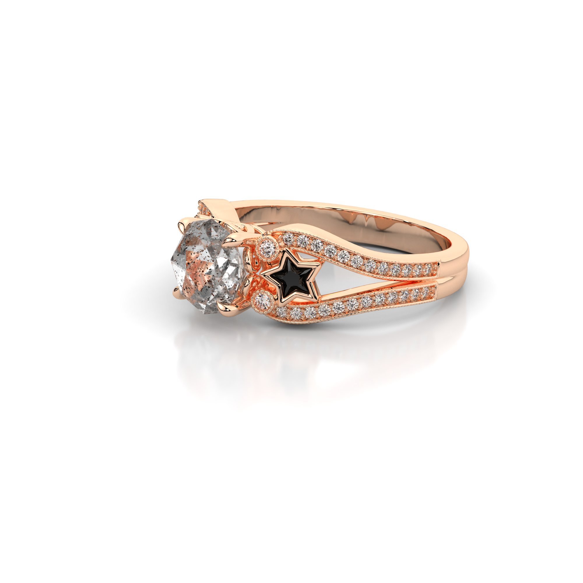 Moonbeam Ring in 14k rose gold with salt and pepper diamond, star shaped black moissanite, and pave set lab grown diamonds