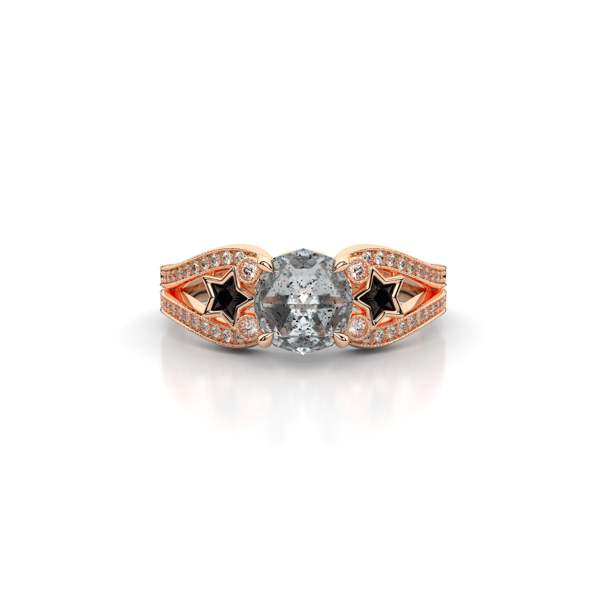 Moonbeam Ring in 14k rose gold with salt and pepper diamond, star shaped black moissanite, and pave set lab grown diamonds