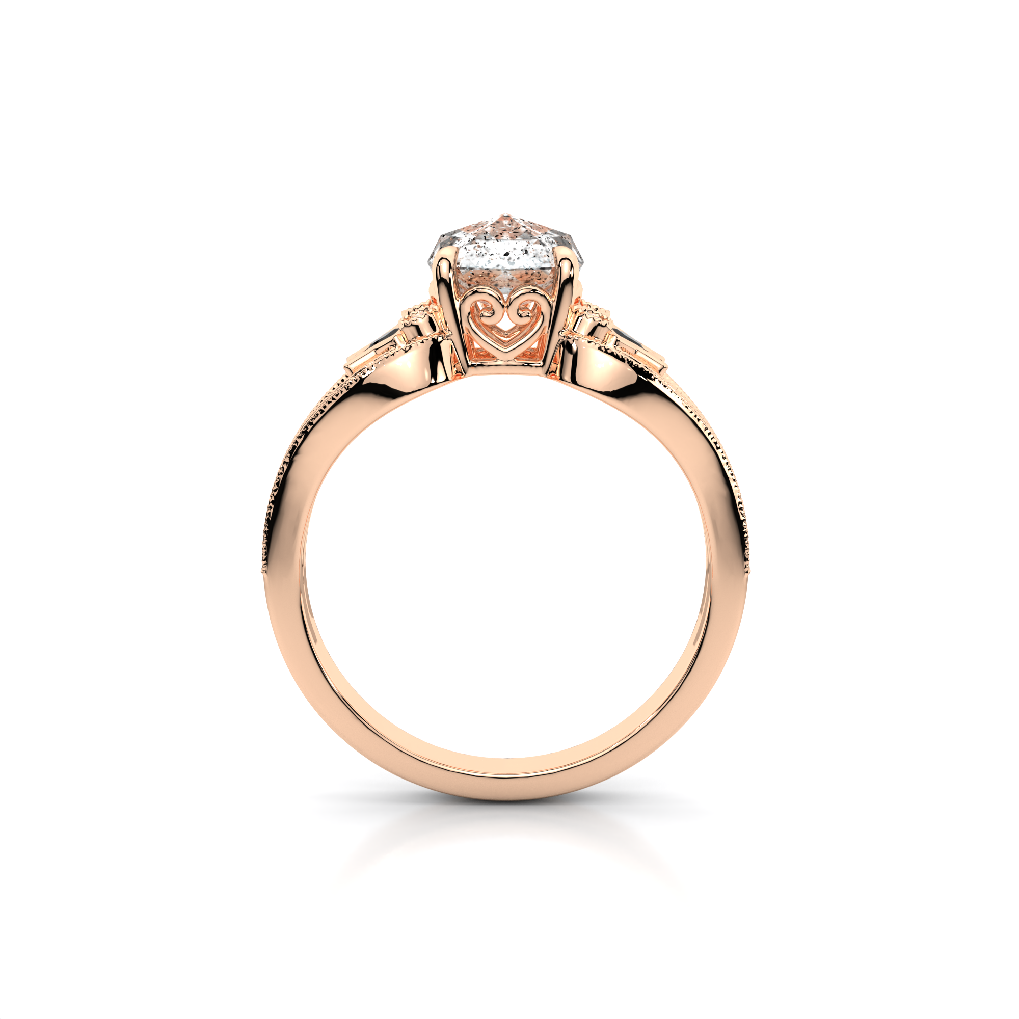 Moonbeam Ring in 14k rose gold with salt and pepper diamond, star shaped white moissanite, and pave set lab grown diamonds