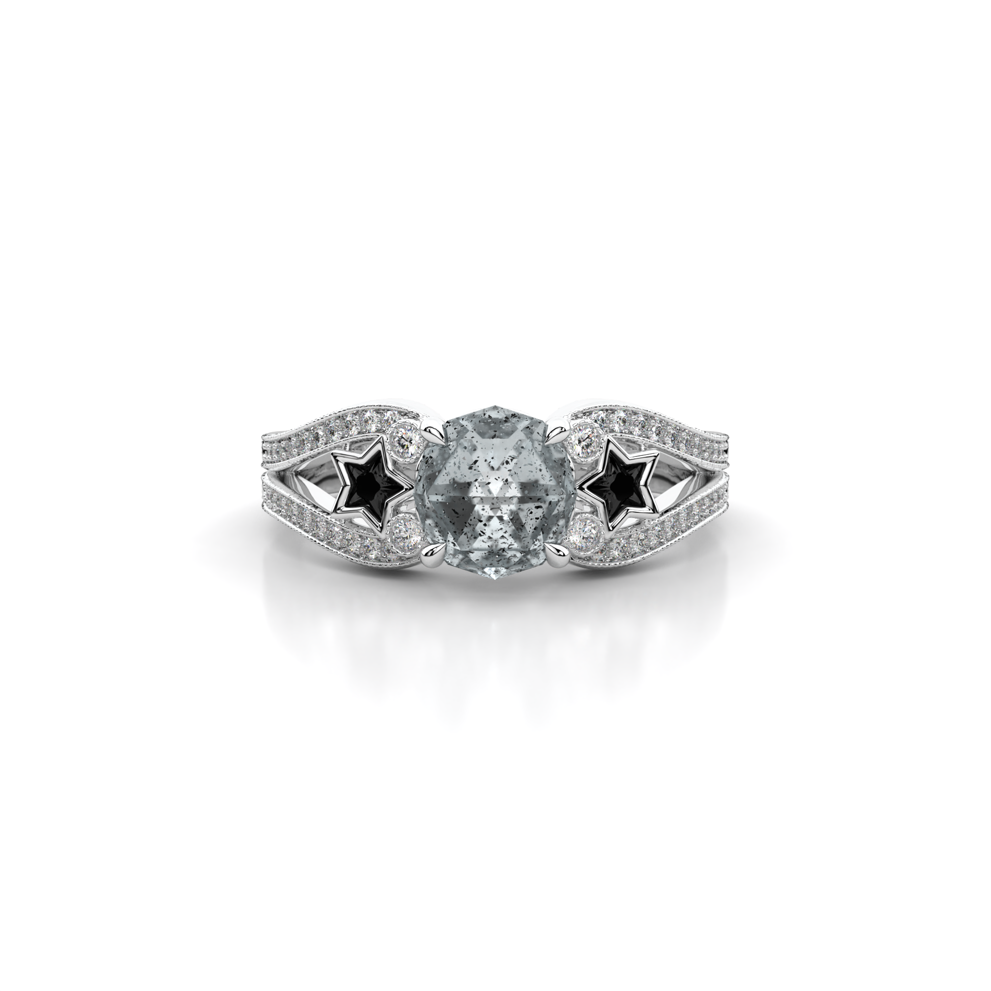 Moonbeam Ring in 14k white gold with salt and pepper diamond, star shaped black moissanite, and pave set lab grown diamonds