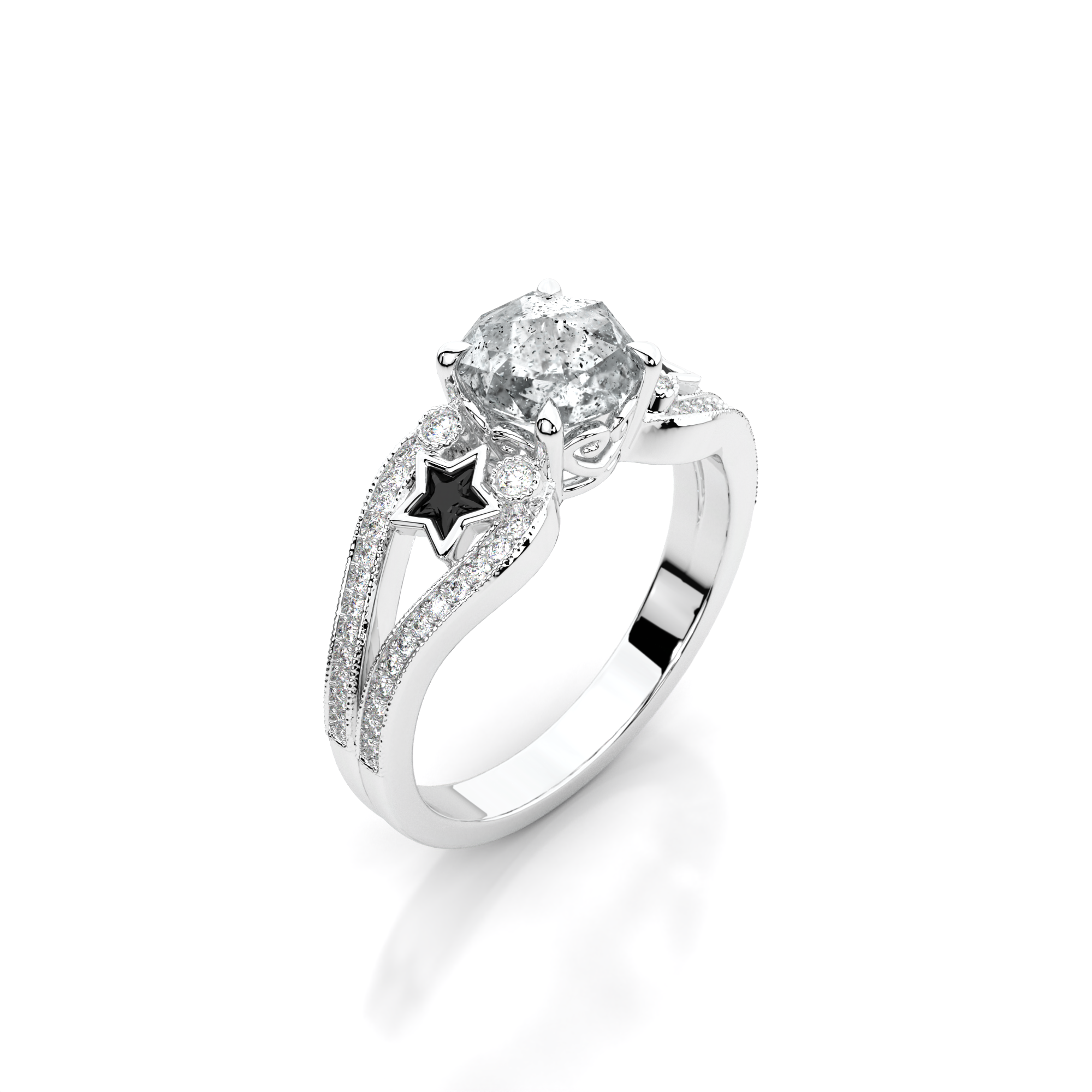 Moonbeam Ring in 14k white gold with salt and pepper diamond, star shaped black moissanite, and pave set lab grown diamonds