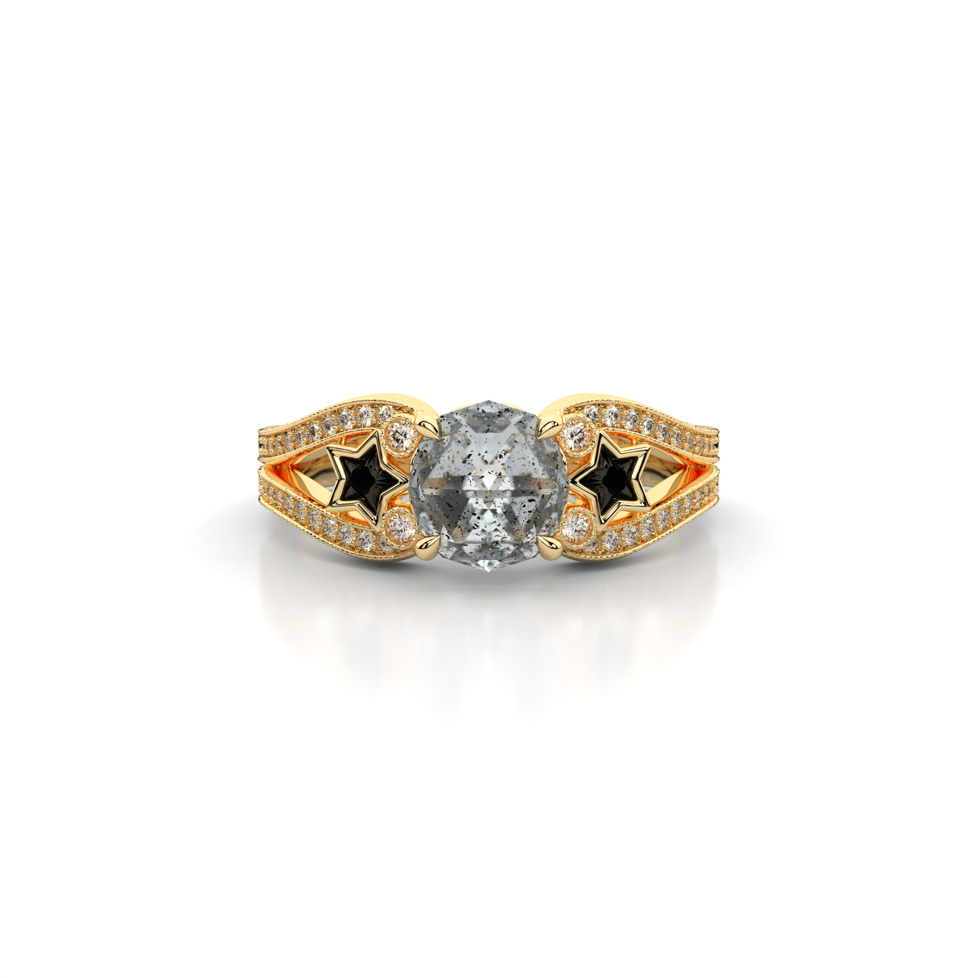 Moonbeam Ring in 14k yellow gold with salt and pepper diamond, star shaped black moissanite, and pave set lab grown diamonds