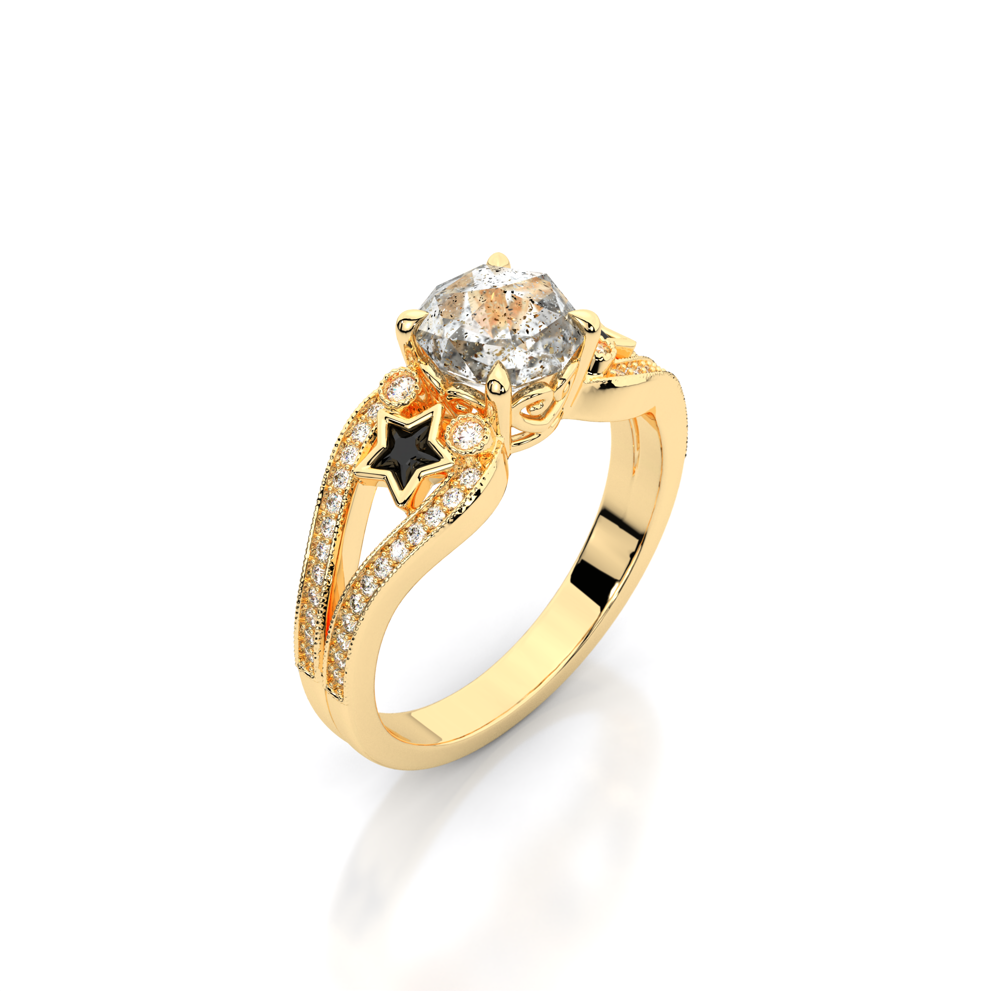 Moonbeam Ring in 14k yellow gold with salt and pepper diamond, star shaped black moissanite, and pave set lab grown diamonds