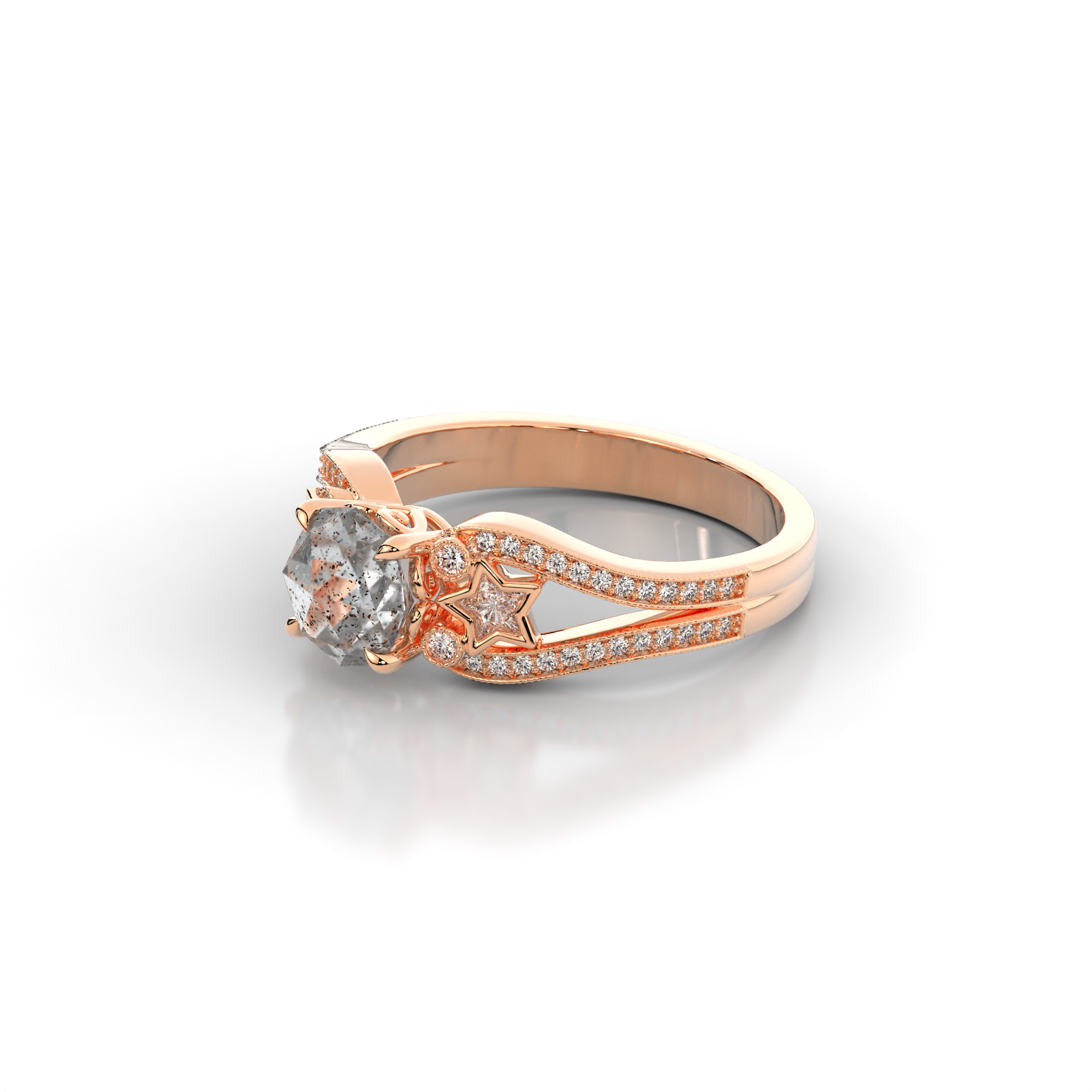 Moonbeam Ring in 14k rose gold with salt and pepper diamond, star shaped white moissanite, and pave set lab grown diamonds