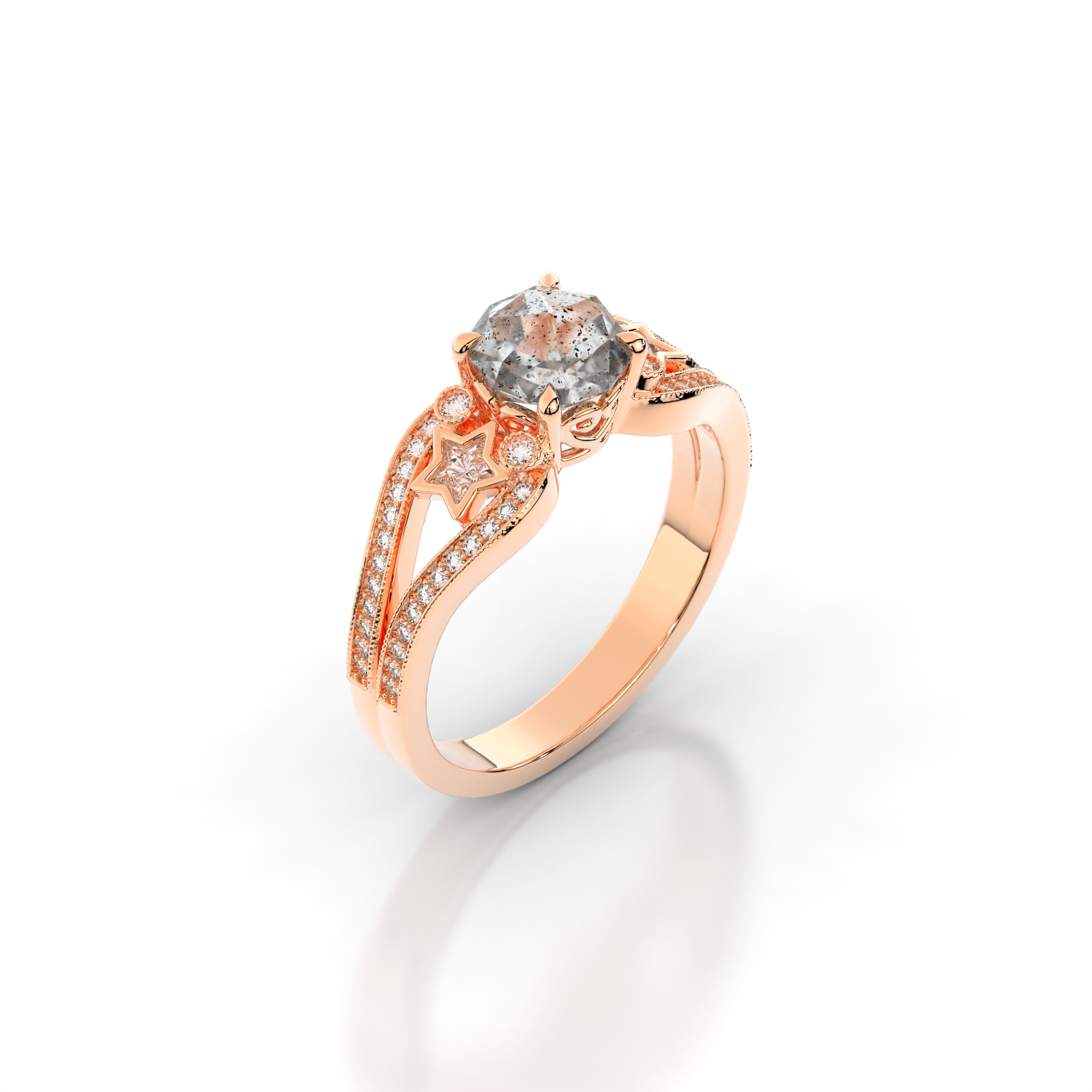 Moonbeam Ring in 14k rose gold with salt and pepper diamond, star shaped white moissanite, and pave set lab grown diamonds