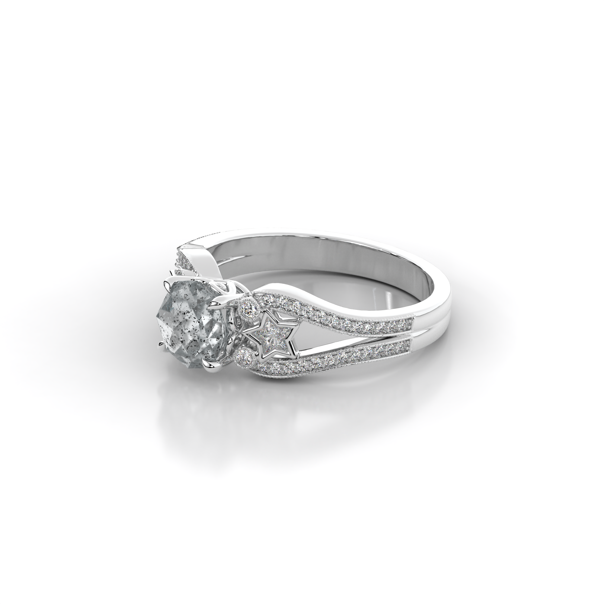 Moonbeam Ring in 14k white gold with salt and pepper diamond, star shaped white moissanite, and pave set lab grown diamonds