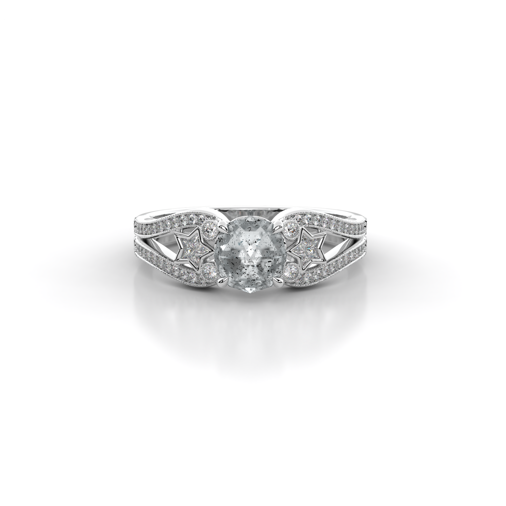 Moonbeam Ring in 14k white gold with salt and pepper diamond, star shaped white moissanite, and pave set lab grown diamonds