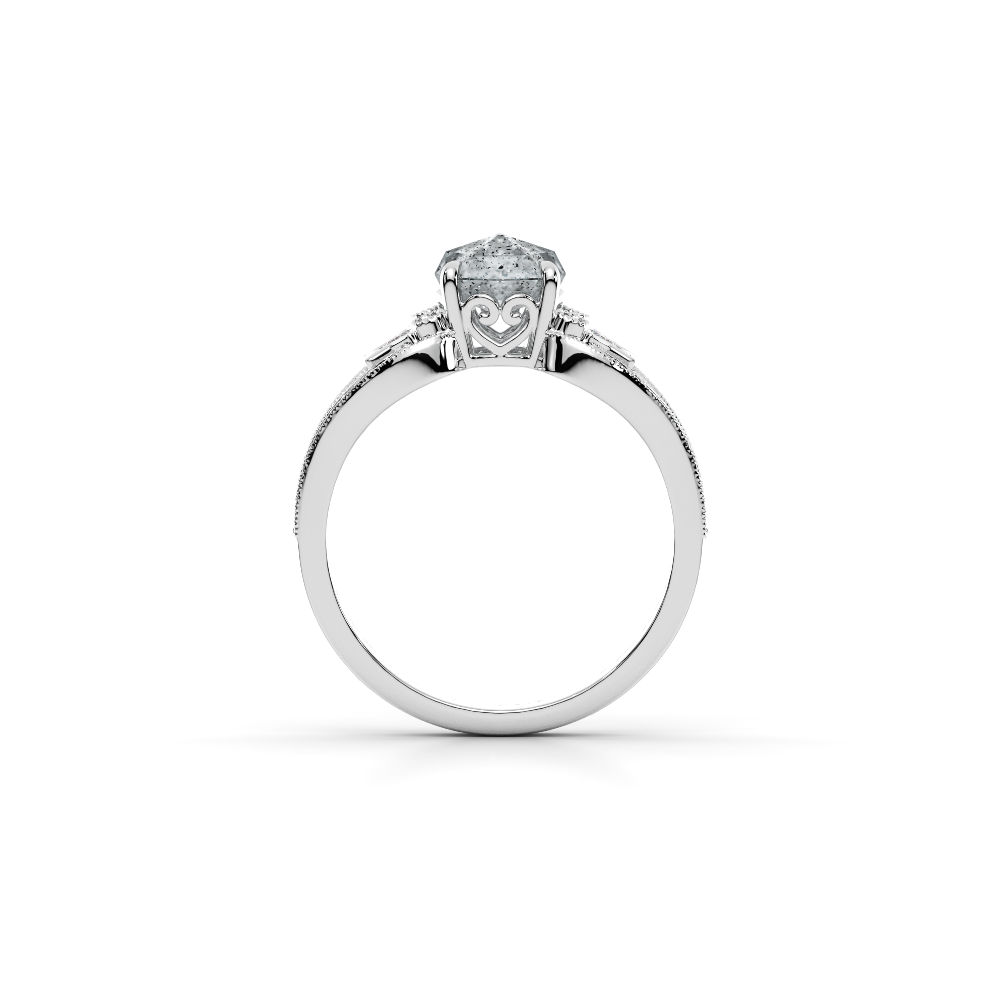 Moonbeam Ring in 14k white gold with salt and pepper diamond, star shaped white moissanite, and pave set lab grown diamonds