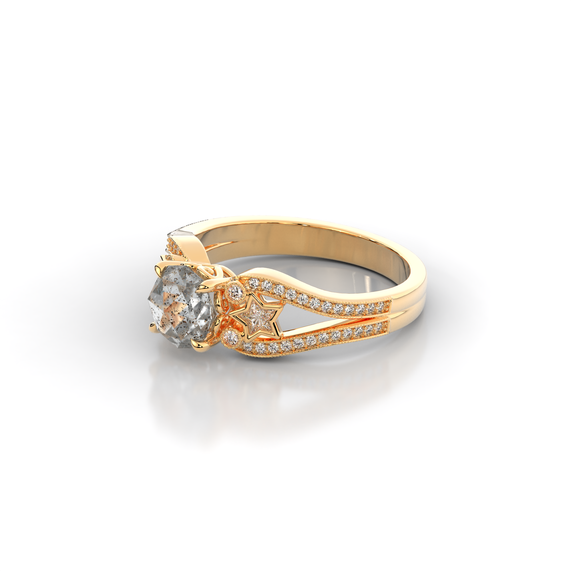 Moonbeam Ring in 14k yellow gold with salt and pepper diamond, star shaped white moissanite, and pave set lab grown diamonds