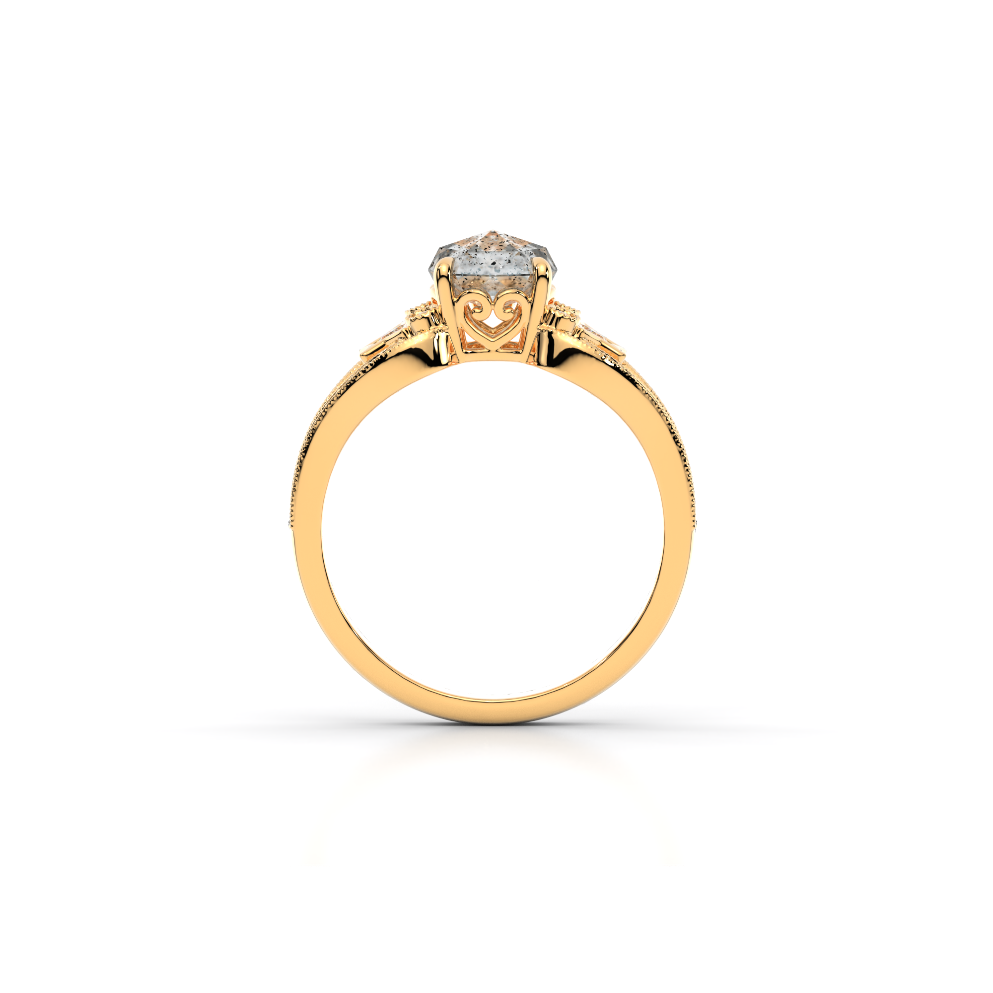 Moonbeam Ring in 14k yellow gold with salt and pepper diamond, star shaped white moissanite, and pave set lab grown diamonds