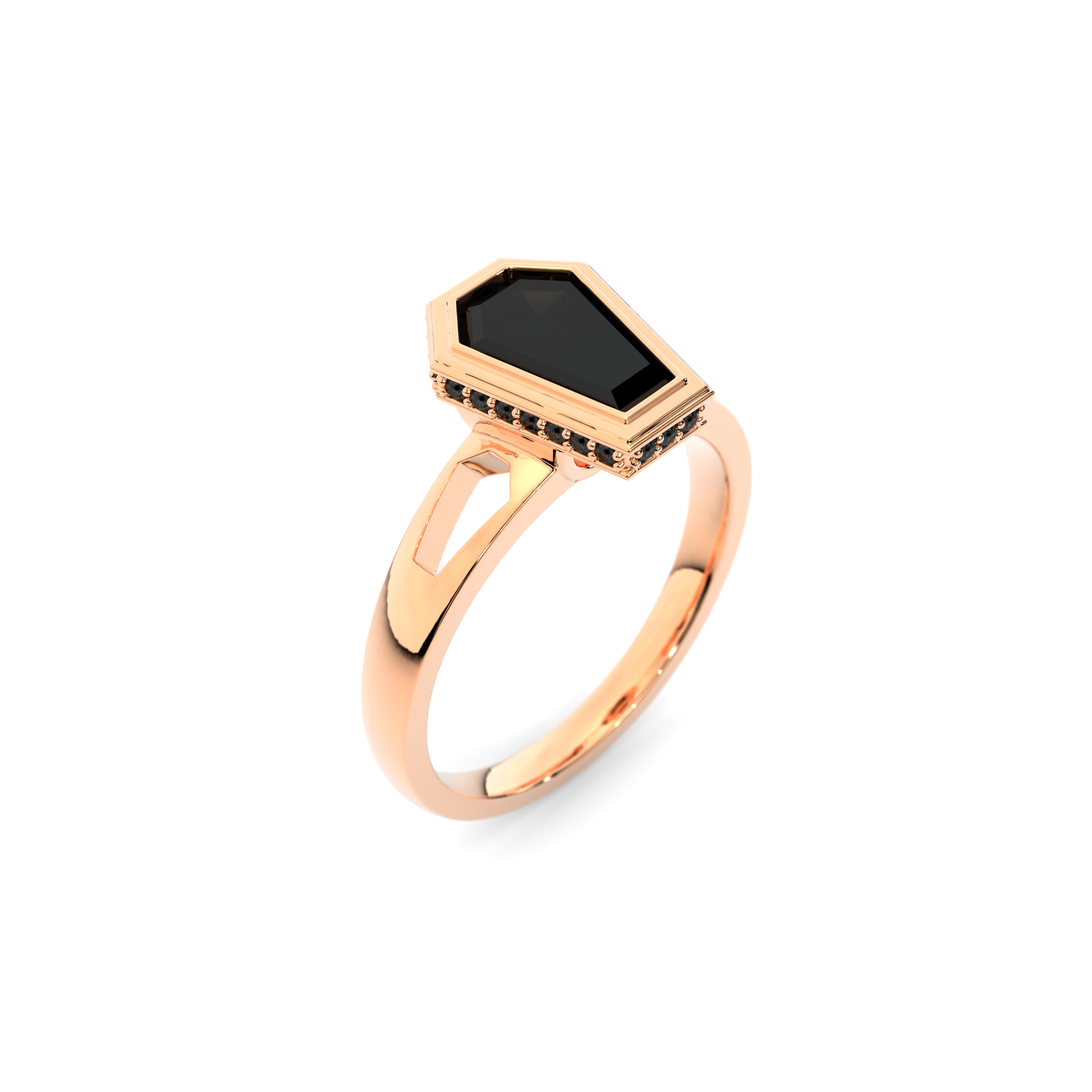 Obscura Ring in 14k rose gold with coffin-cut black diamond and coffin-shaped cutouts