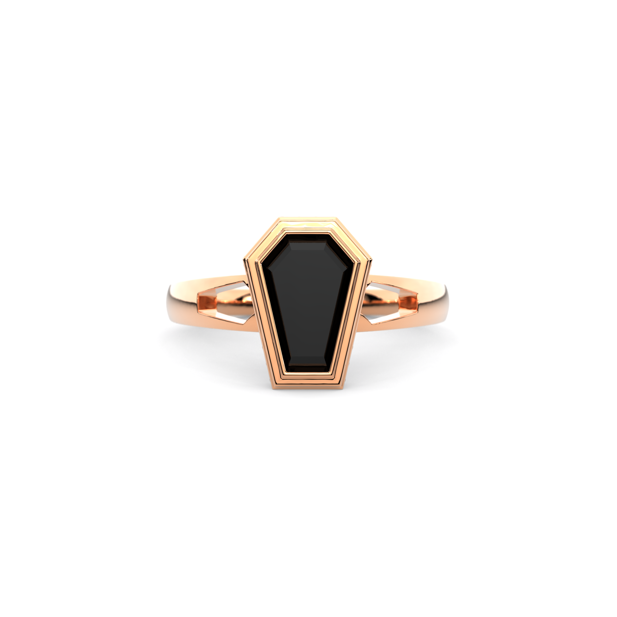 Obscura Ring in 14k rose gold with coffin-cut black diamond and coffin-shaped cutouts