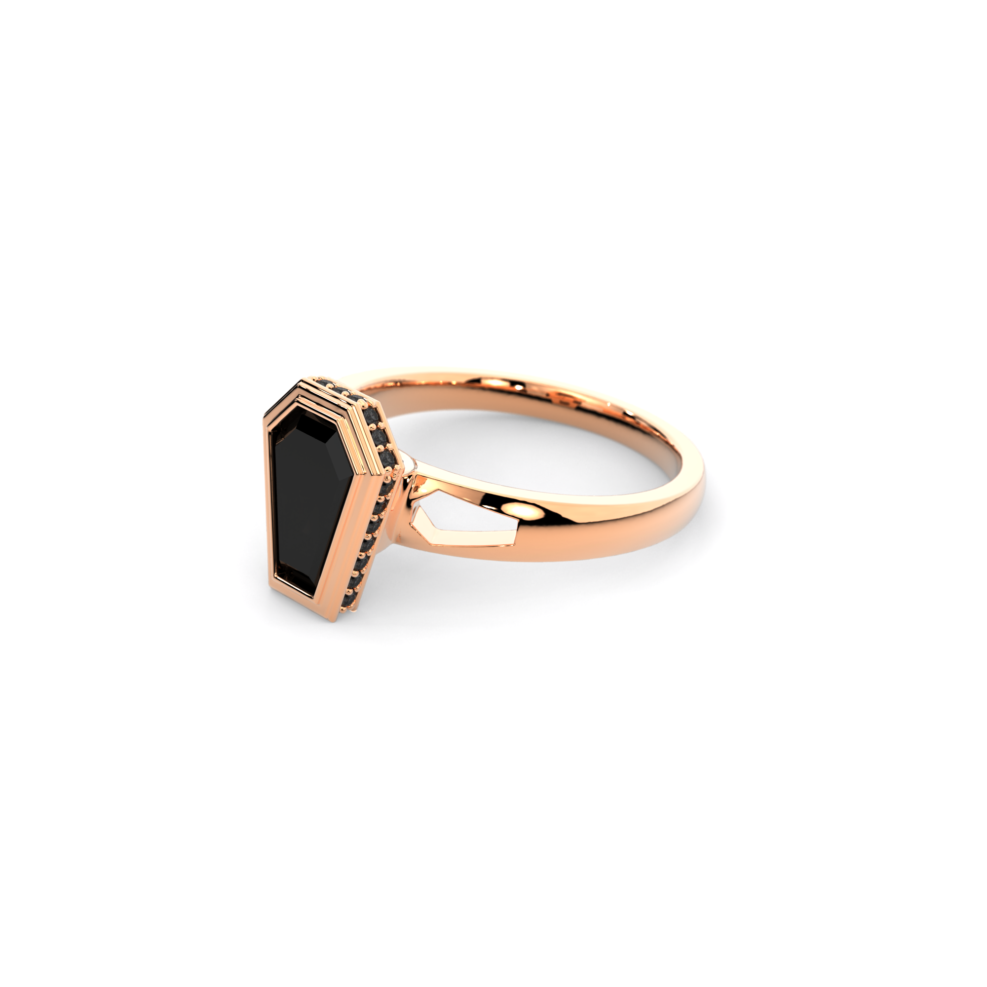 Obscura Ring in 14k rose gold with coffin-cut black diamond and coffin-shaped cutouts