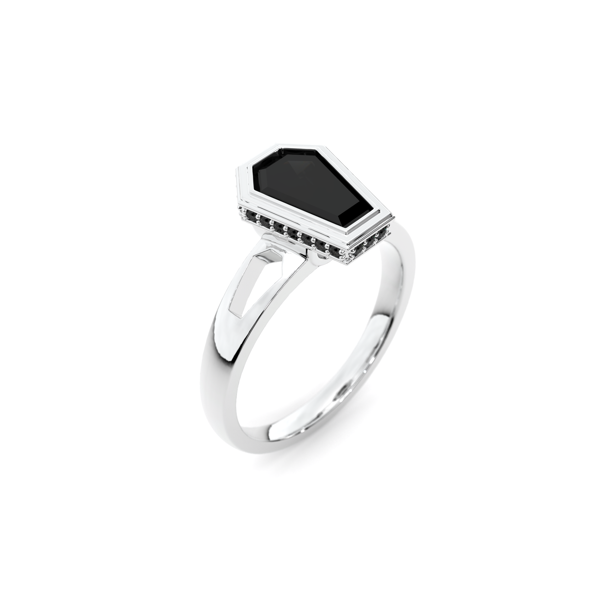 Obscura Ring in 14k white gold with coffin-cut black diamond and coffin-shaped cutouts