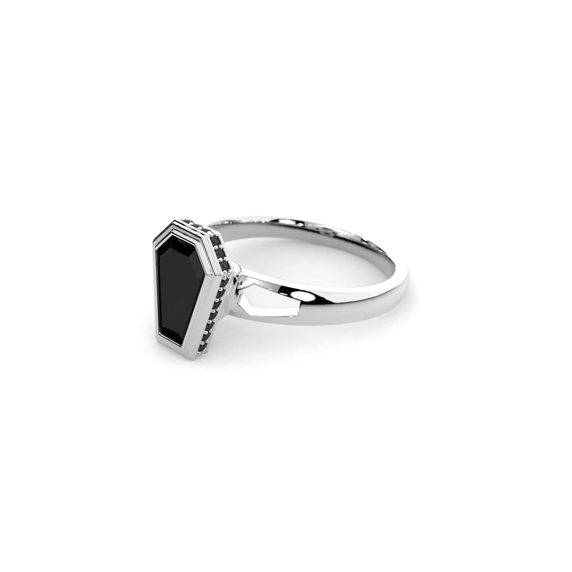 Obscura Ring in 14k white gold with coffin-cut black diamond and coffin-shaped cutouts