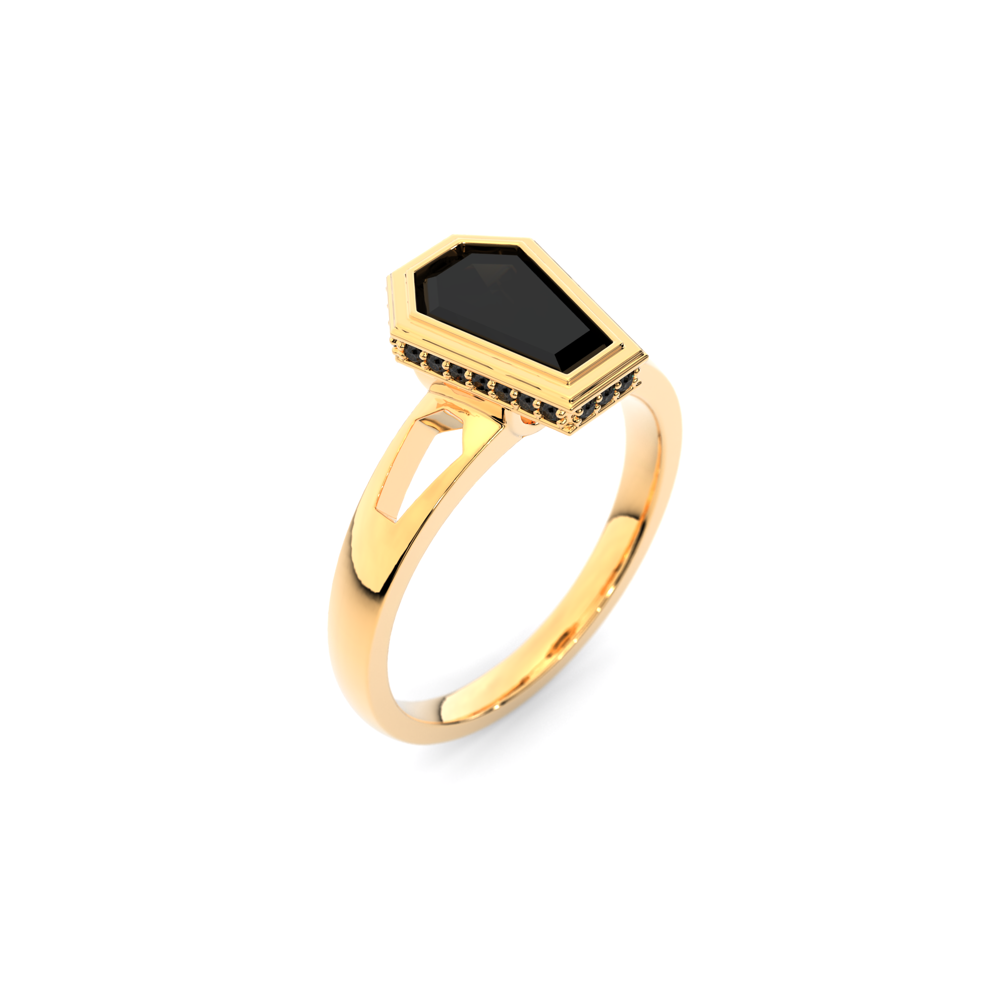 Obscura Ring in 14k yellow gold with coffin-cut black diamond and coffin-shaped cutouts