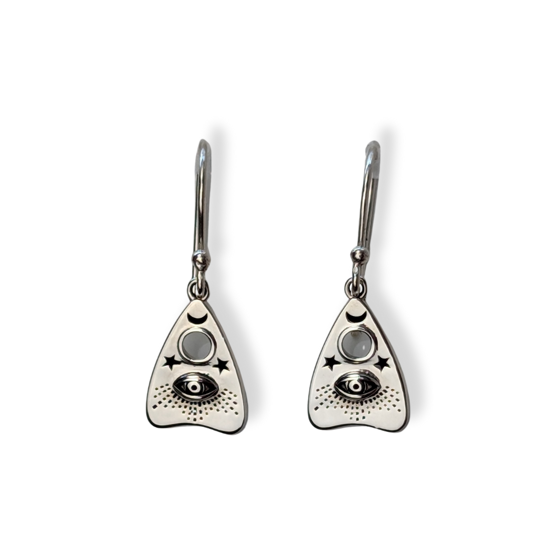 Oracle Earrings in sterling silver with eye, moon, and star symbols