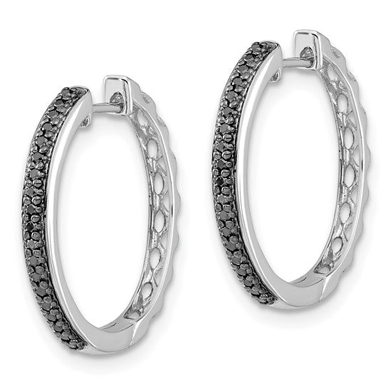 Orbit Hoops in 10k white gold with black diamonds and intricate cutout detailing