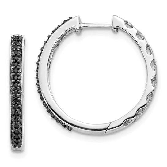 Orbit Hoops in 10k white gold with black diamonds and intricate cutout detailing