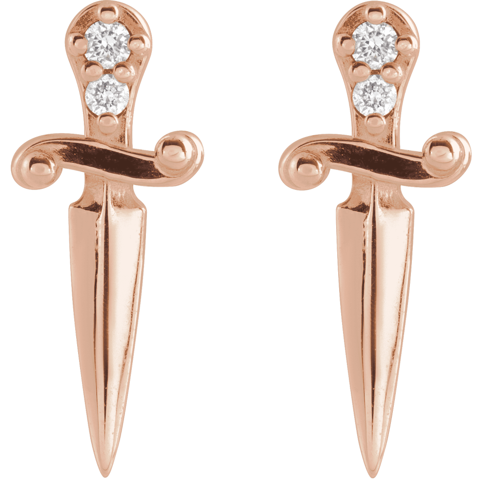 14k rose gold dagger-shaped stud earrings with round white diamonds