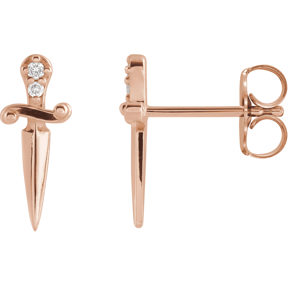 14k rose gold dagger-shaped stud earrings with round white diamonds