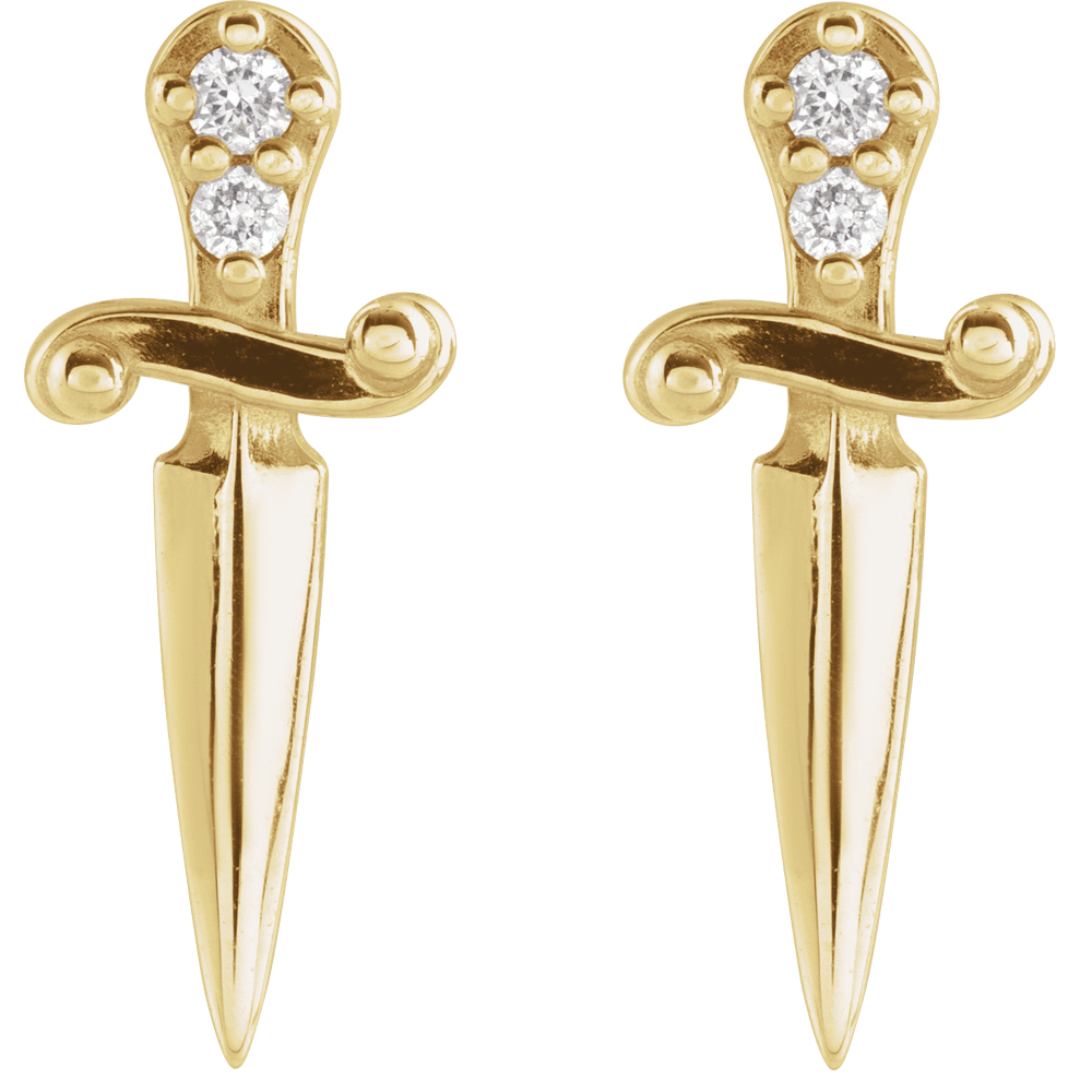 14k yellow gold dagger-shaped stud earrings with round white diamonds