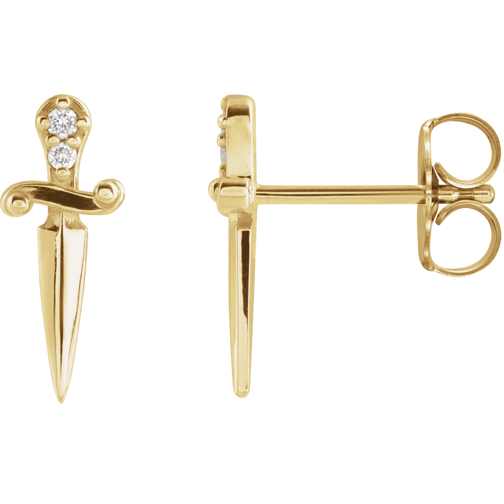 14k yellow gold dagger-shaped stud earrings with round white diamonds