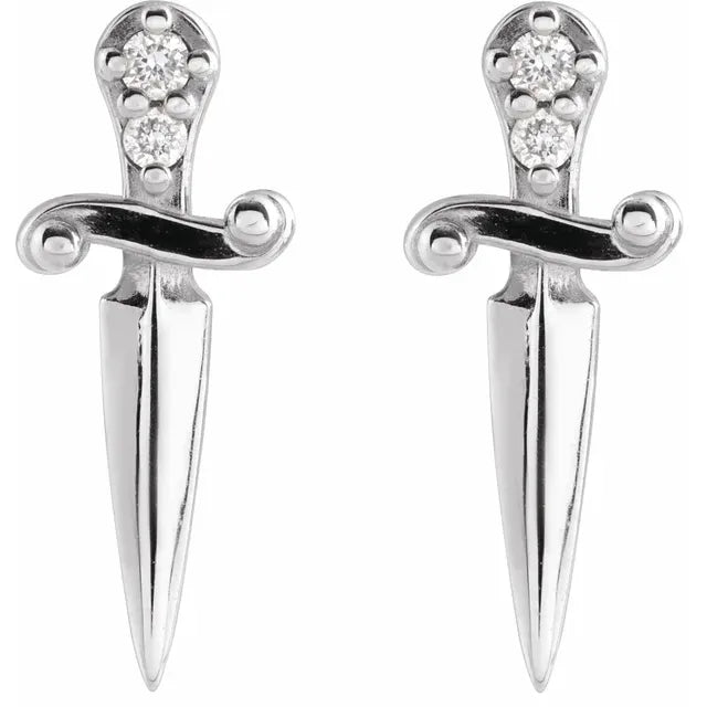 14k white gold dagger-shaped stud earrings with round white diamond