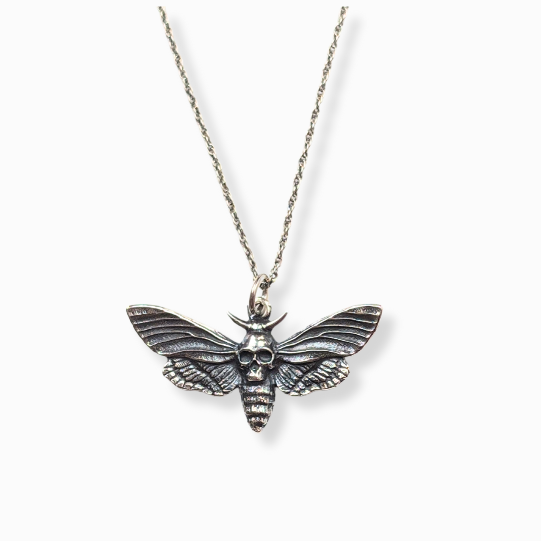 Sterling silver Tenebris Necklace with Death’s Head Moth pendant, gothic necklace