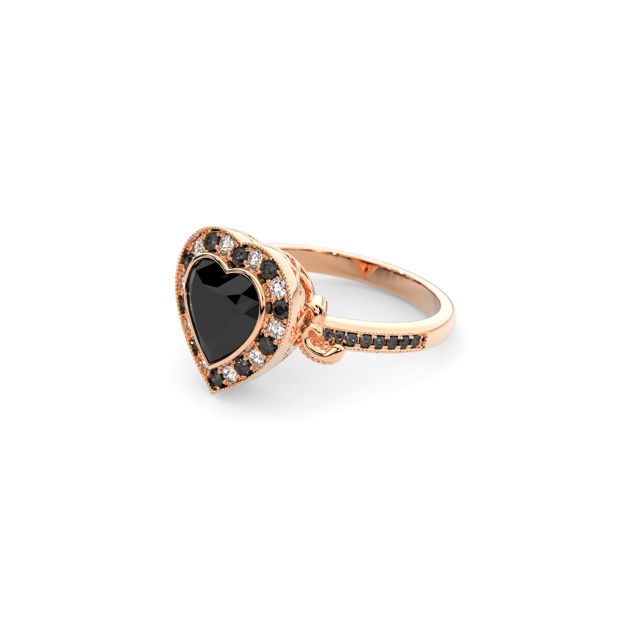 Gothic Heart Ring in 14k rose gold with black diamond and black accent stones, alternative engagement ring