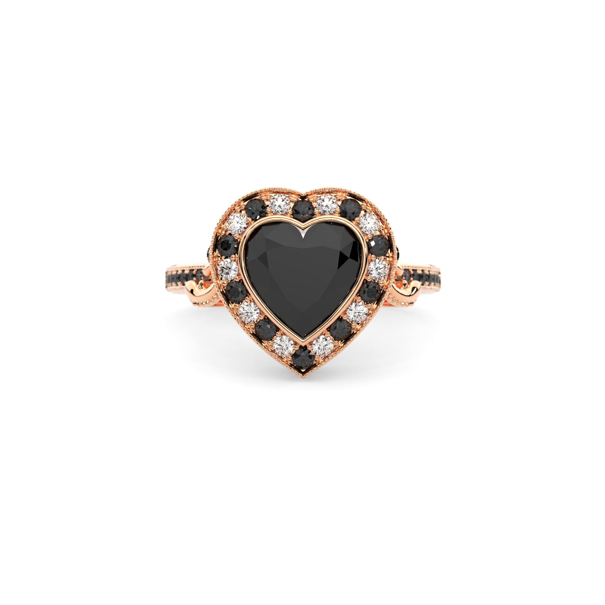 Gothic Heart Ring in 14k rose gold with black diamond and black accent stones, alternative engagement ring