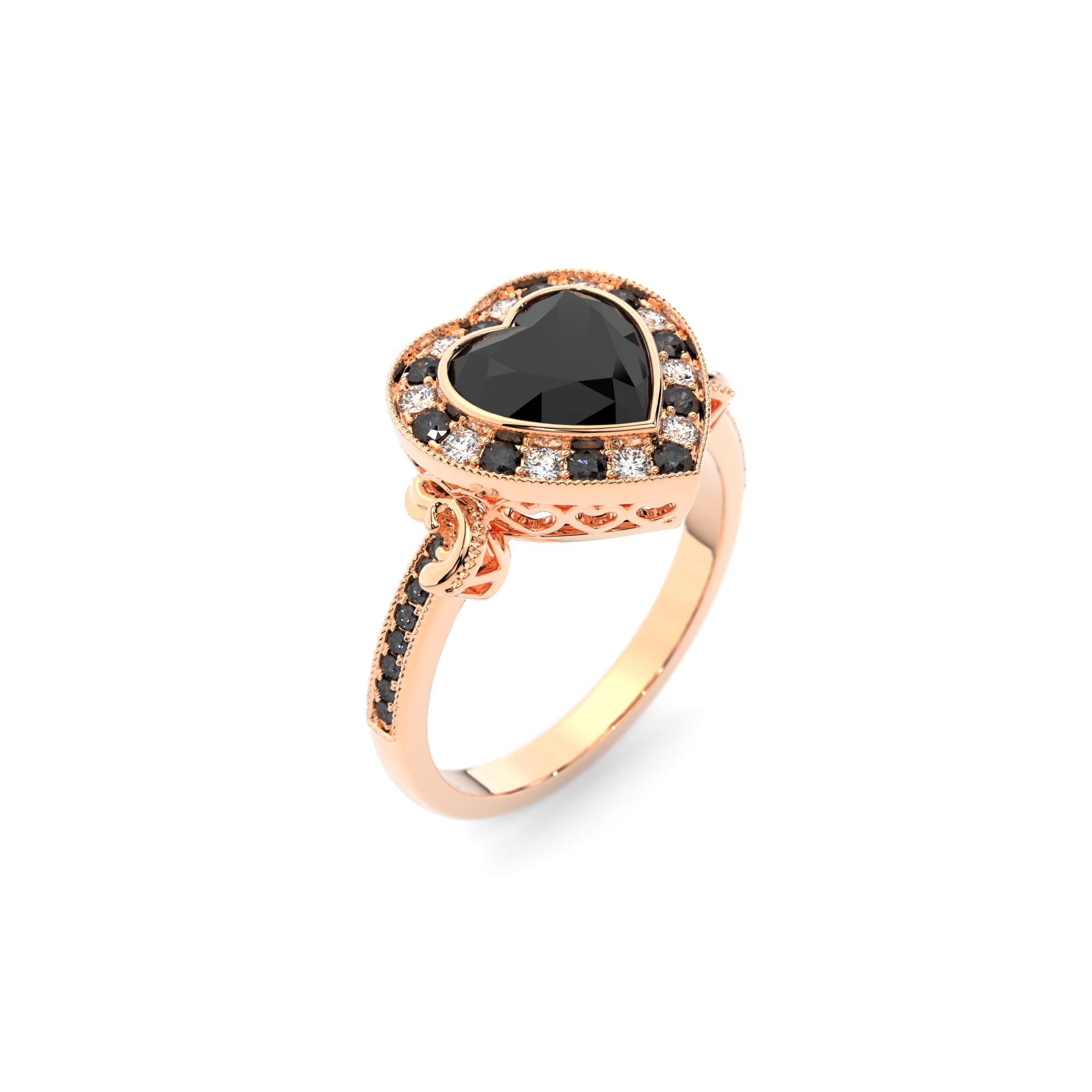 Gothic Heart Ring in 14k rose gold with black diamond and black accent stones, alternative engagement ring