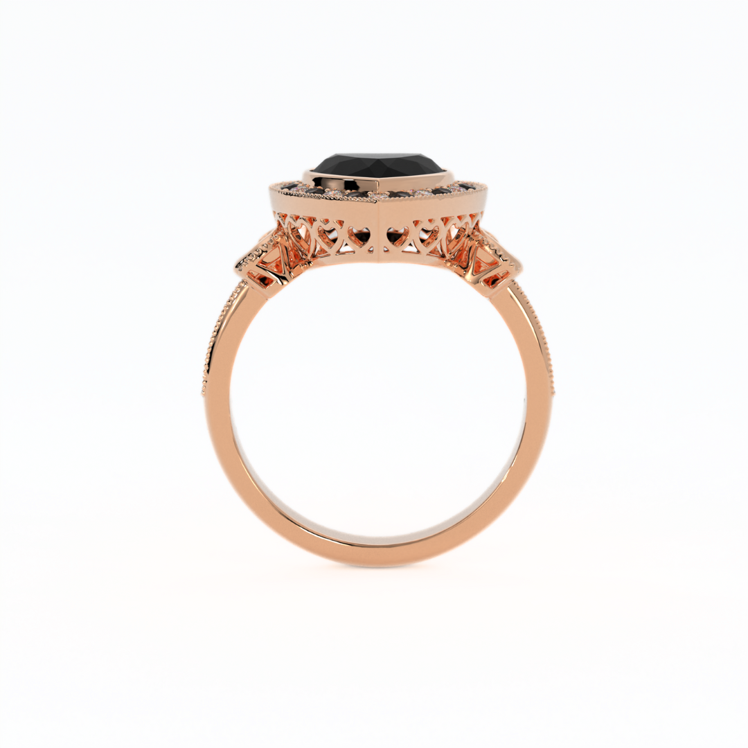 Gothic Heart Ring in 14k rose gold with black diamond and black accent stones, alternative engagement ring