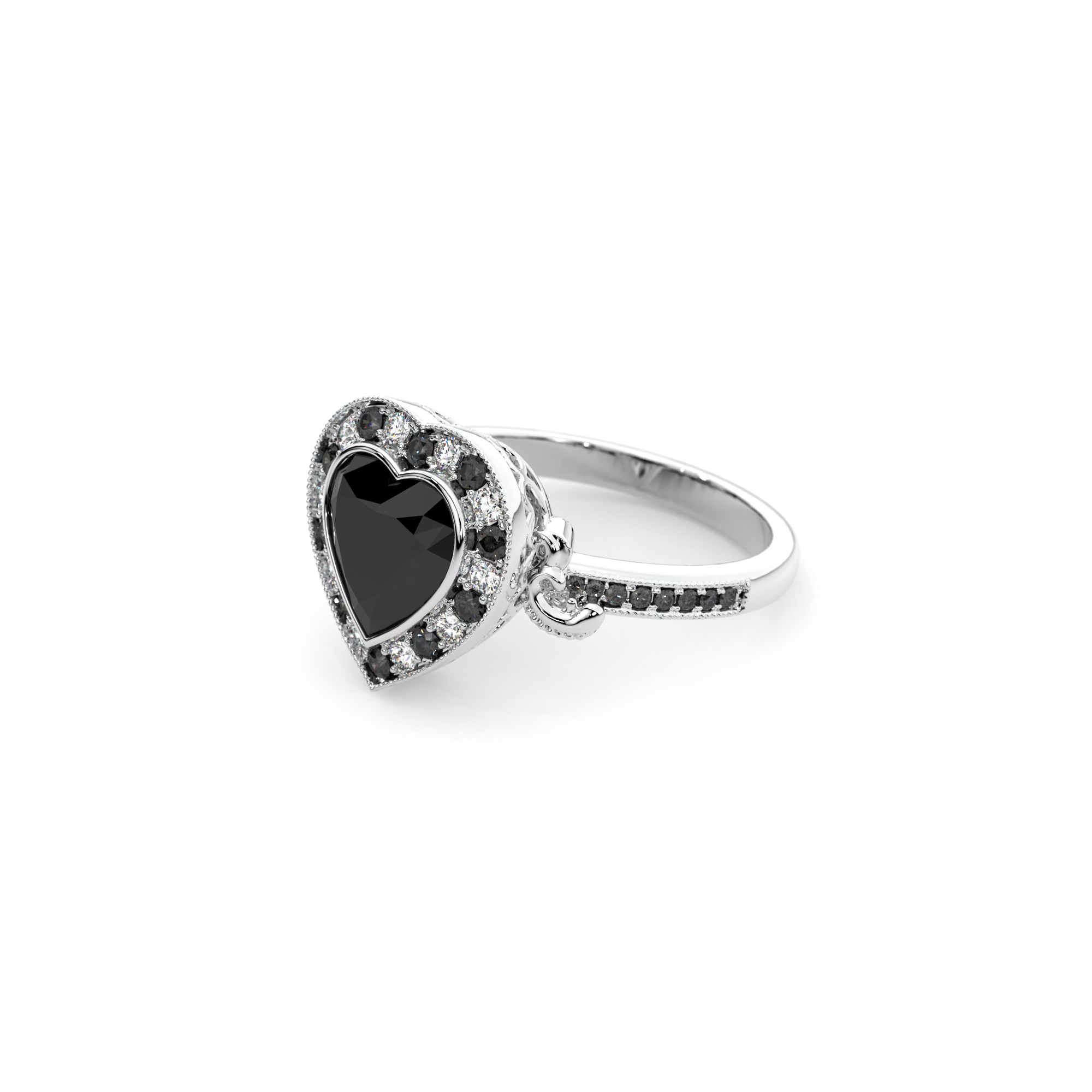 Gothic Heart Ring in 14k white gold with black diamond and black accent stones, alternative engagement ring